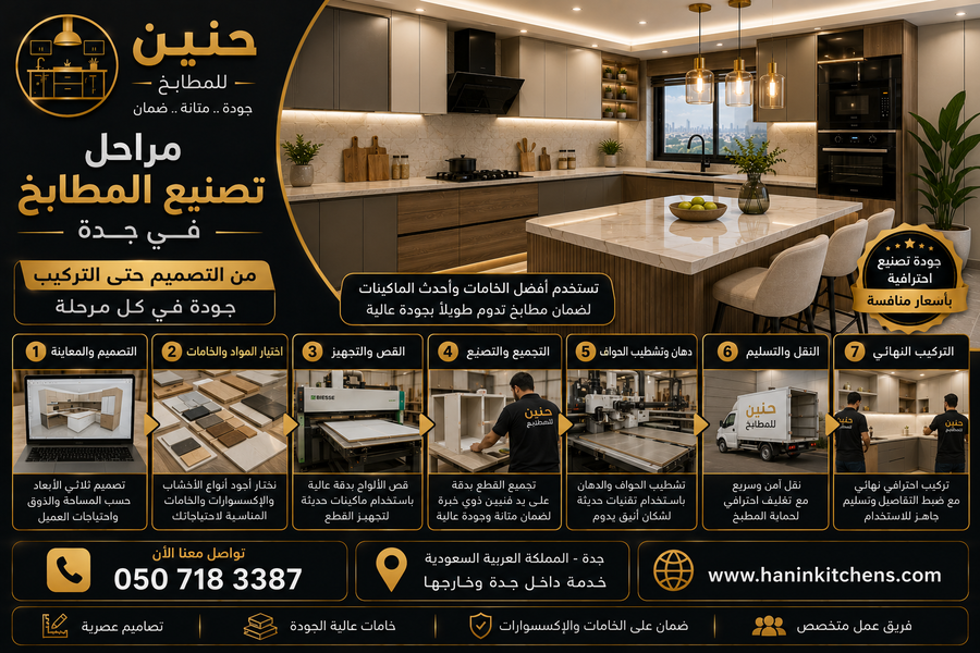 اختيار خامات المطابخ وبدء التصنيع داخل المصنع بأحدث خطوط الإنتاج في جدة